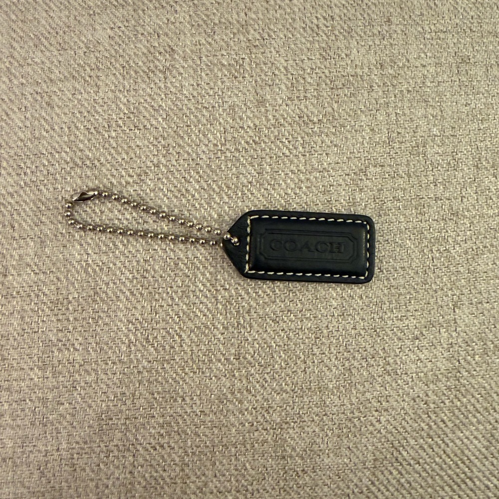 Coach Black Leather Embossed Tag Key Holder with Silver Ball Chain